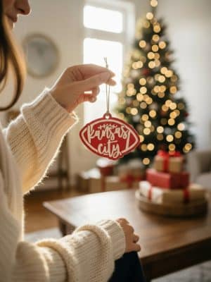 Hand placing a Kansas City red football ornament on a Christmas tree with gifts and lights in the background.