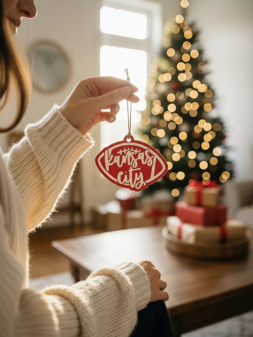 Hand placing a Kansas City red football ornament on a Christmas tree with gifts and lights in the background.