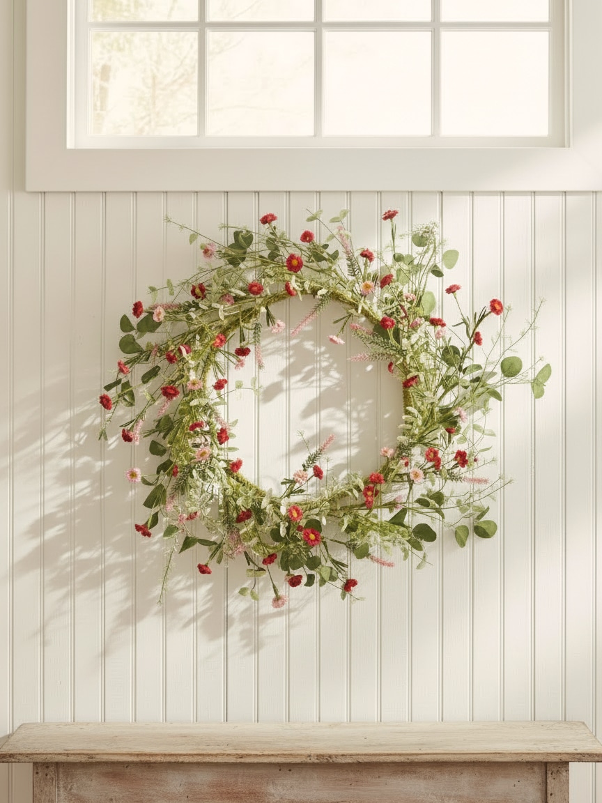 Cottage Floral Wreath With Pink Flowers and Greenery Hanging On White Front Door
