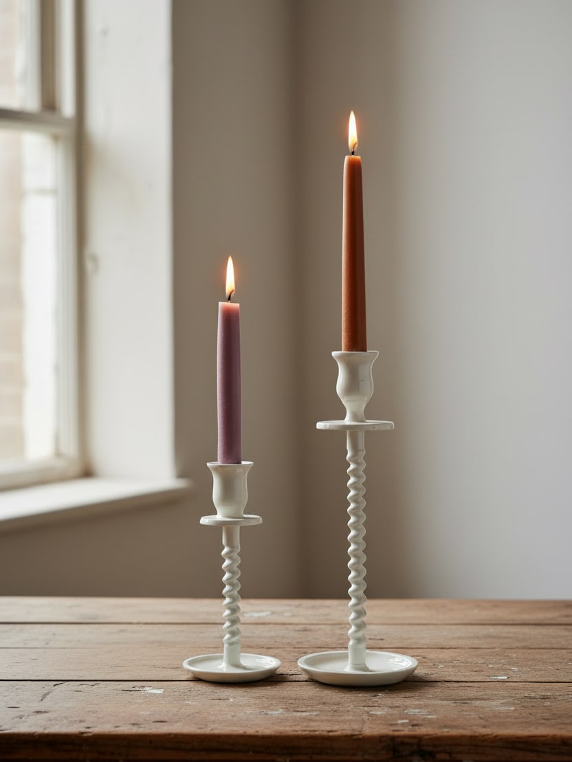 Small and large off-white corkscrew taper candle holders with lit candles styled near a window on a rustic wood surface, showcasing a cast iron vintage-inspired design.