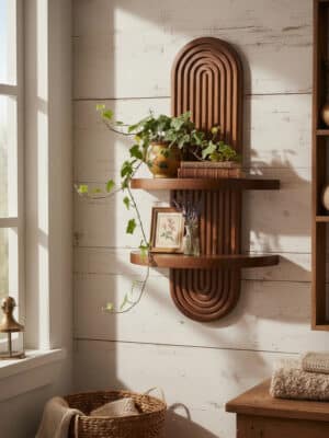 The arched wood wall shelf is mounted on a shiplap wall and styled with trailing greenery and small decor accents.