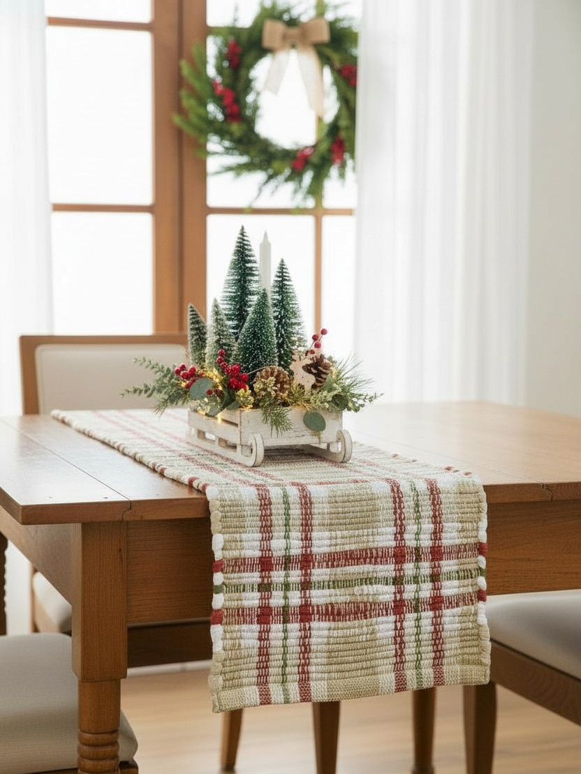 Cozy Christmas Chindi Table Runner styled with holiday décor on a dining table.