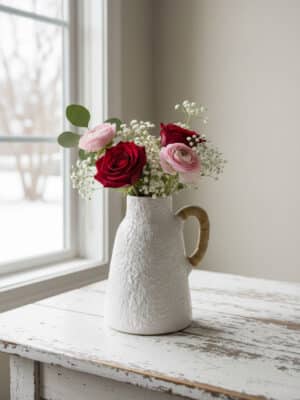 A small ceramic vase with a rattan-wrapped handle holding red and blush flowers on a white rustic table by a window.