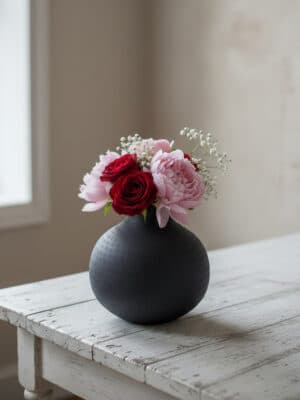A small textured round black metal vase holding pink and red flowers on a distressed white tabletop.
