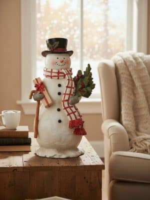 Classic snowman figurine with top hat, red scarf, gift, and holly displayed on a wooden table in a cozy living room scene.