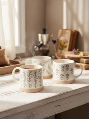 Stacked cream reactive glaze stoneware mugs with raised patterns styled on a distressed white shelf.