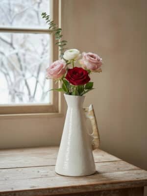 A large ceramic vase with rattan-wrapped handles holding pink and red flowers on a wood table near a window.
