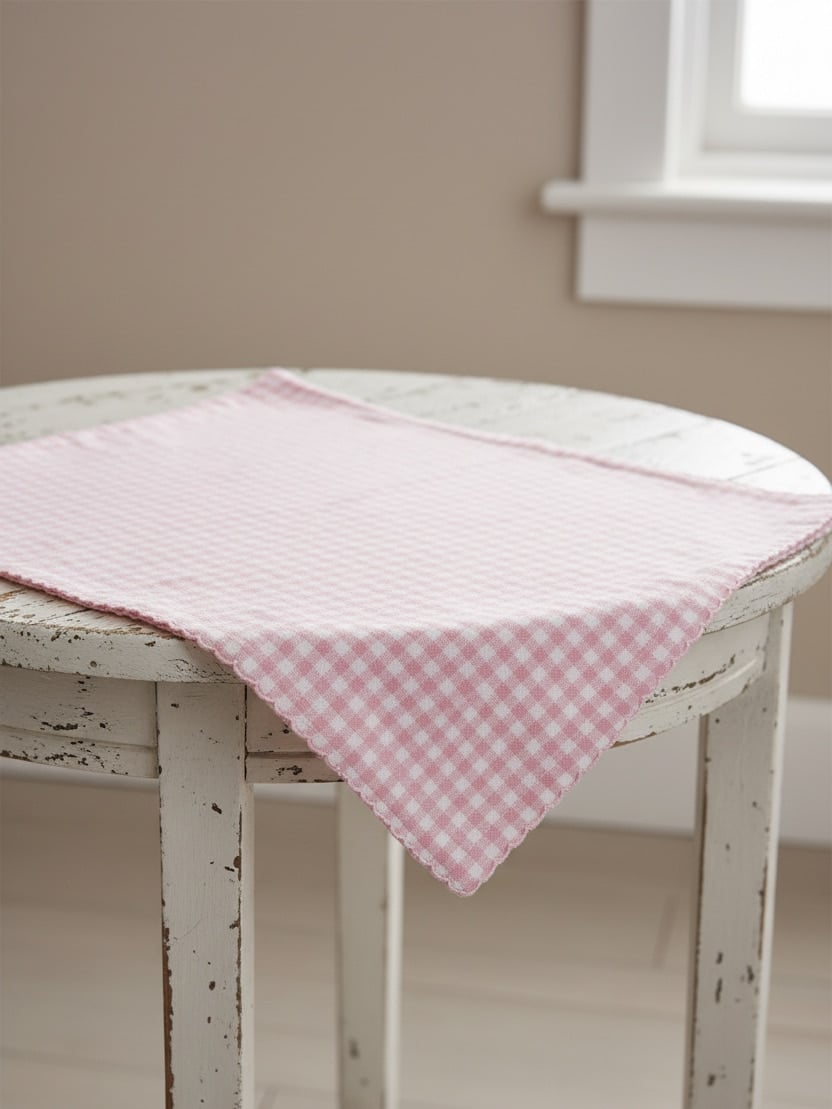 be-made-hays-ks-pink-gingham-square-table-runner-round-table Pink gingham square table runner draped diagonally over a round, distressed white table in soft natural light.