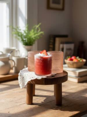Round Wood Pedestal styled with Rose Gold Beaded Old Fashion Drinking Glasses and a strawberry drink