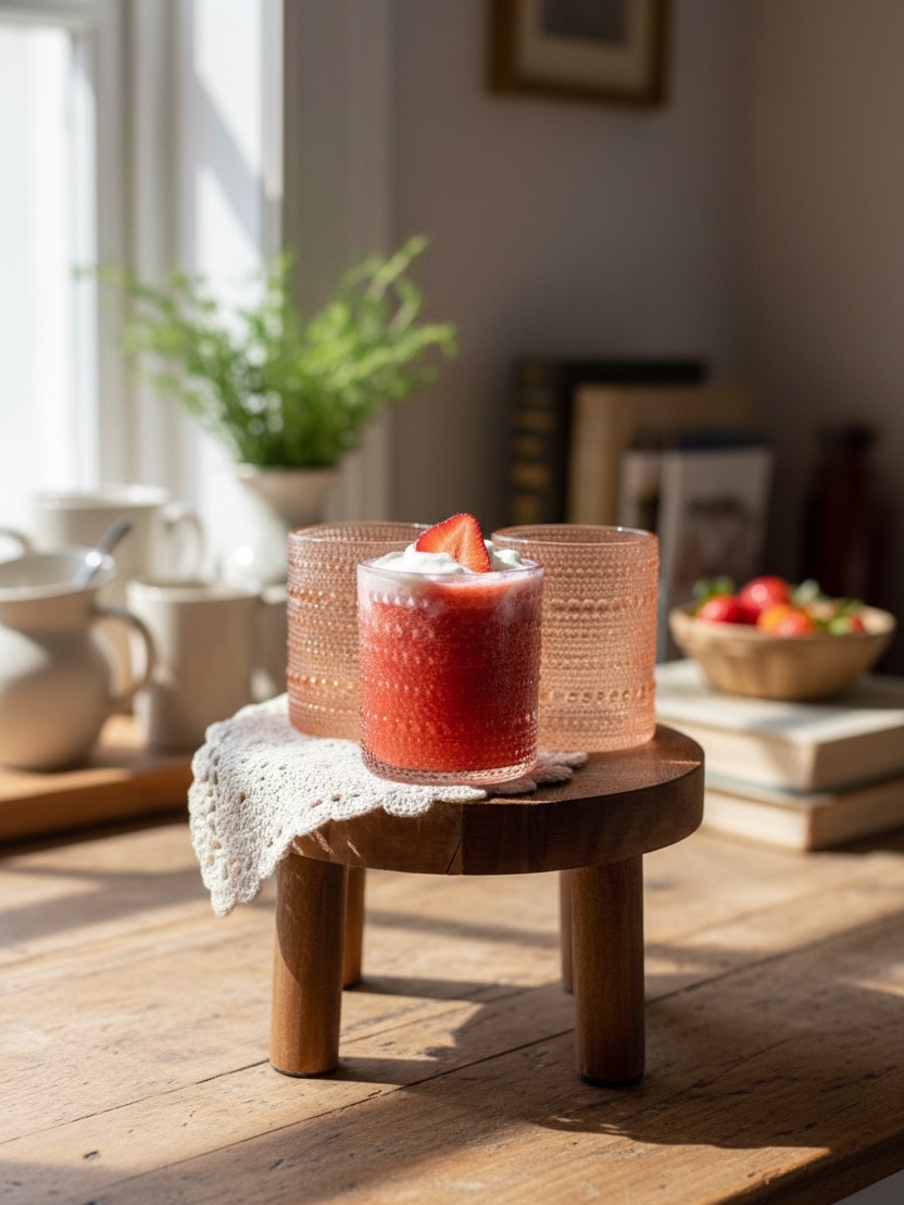 be-made-hays-ks-tabletop-styling-round-wood-pedestal Round Wood Pedestal styled with Rose Gold Beaded Old Fashion Drinking Glasses and a strawberry drink