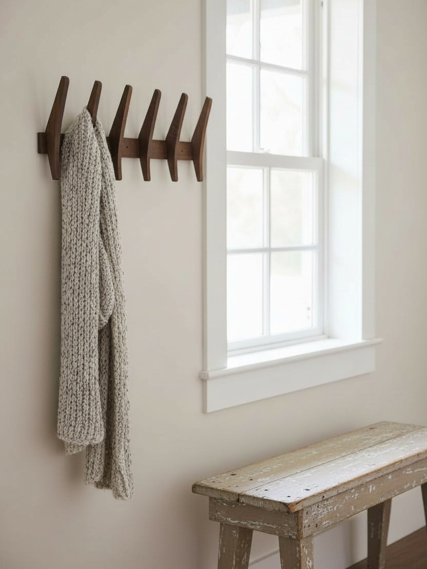 Large solid wood hanging wall rack with five rounded pegs mounted beside a window, holding a textured gray towel above a rustic bench.