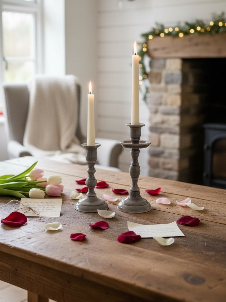 Gray Empire Taper Candle Holders Styled on a Dining Table with Lit Taper Candles