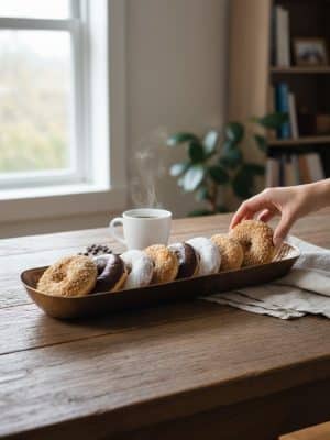 Brass bread bowl filled with assorted donuts beside a steaming cup of coffee, with a hand reaching for a donut.