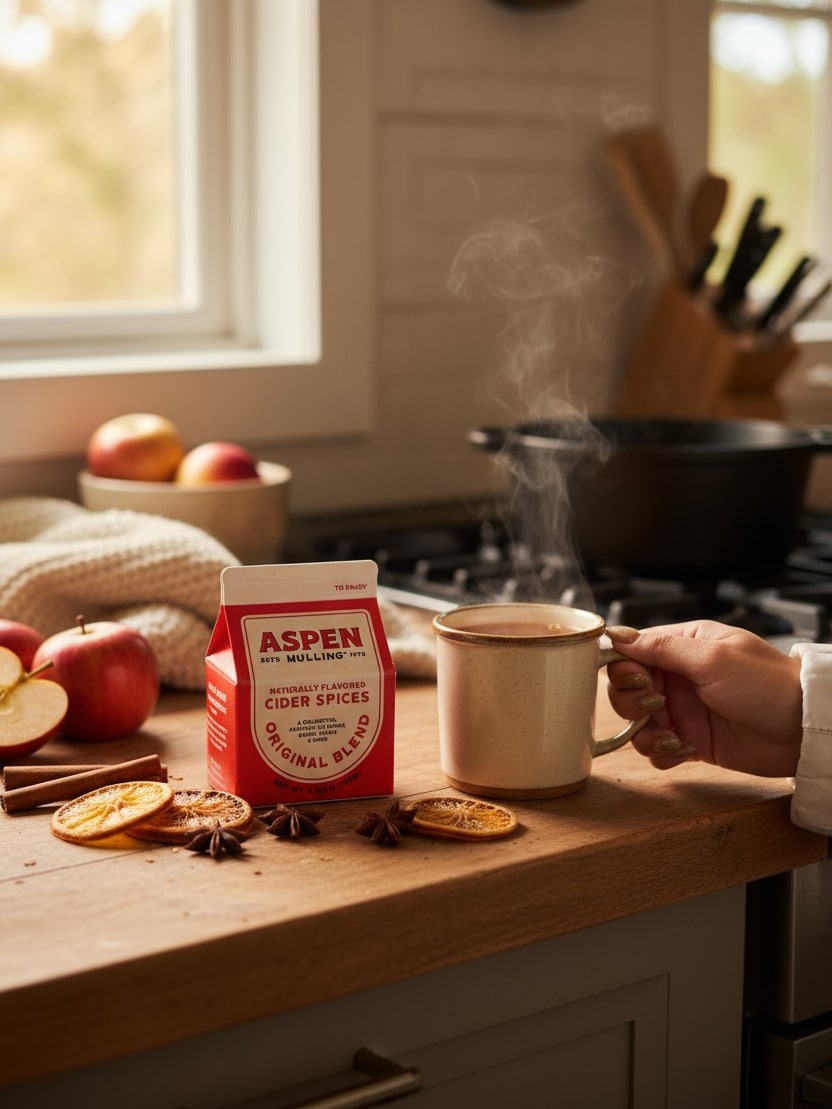 Aspen Mulling Company Original Blend Cider Spices carton styled beside a mug of hot cider with cinnamon and dried oranges.