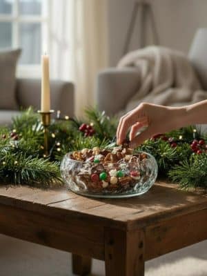 Hand-blown hobnail glass bowl filled with holiday snack mix on wooden coffee table with greenery.
