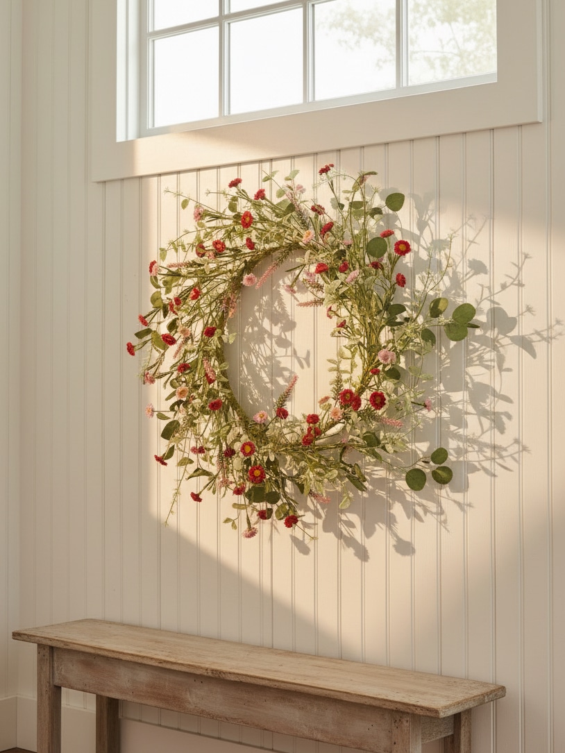 Large Spring Cottage Wreath With Pink Florals and Lush Greenery Styled On Paneled Wall