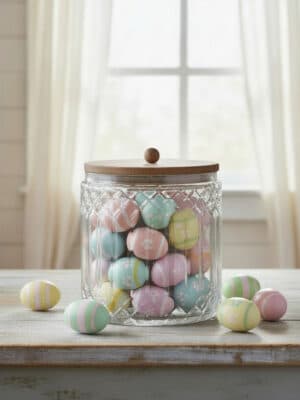 Clear cut glass canister with acacia wood lid filled with pastel decorative eggs on a countertop.