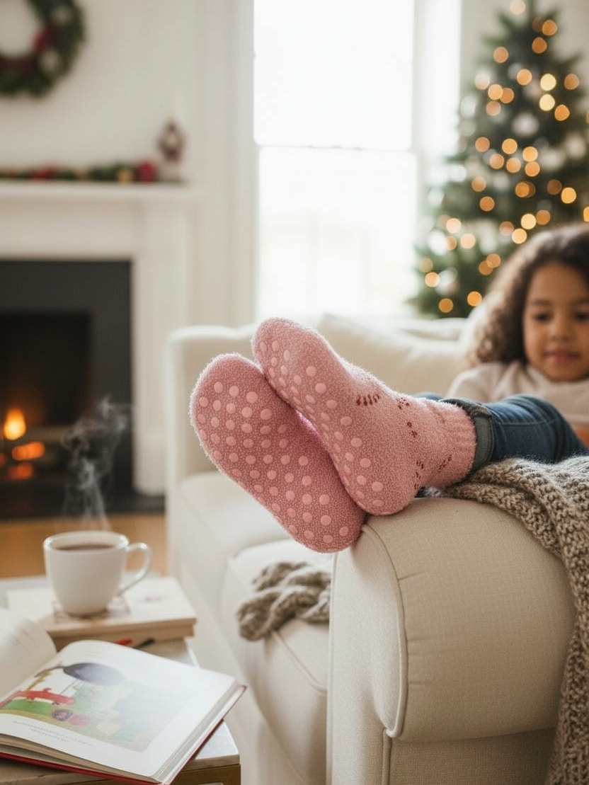 Child wearing pink fuzzy socks with non-slip grips, relaxing on a couch in a cozy holiday living room.