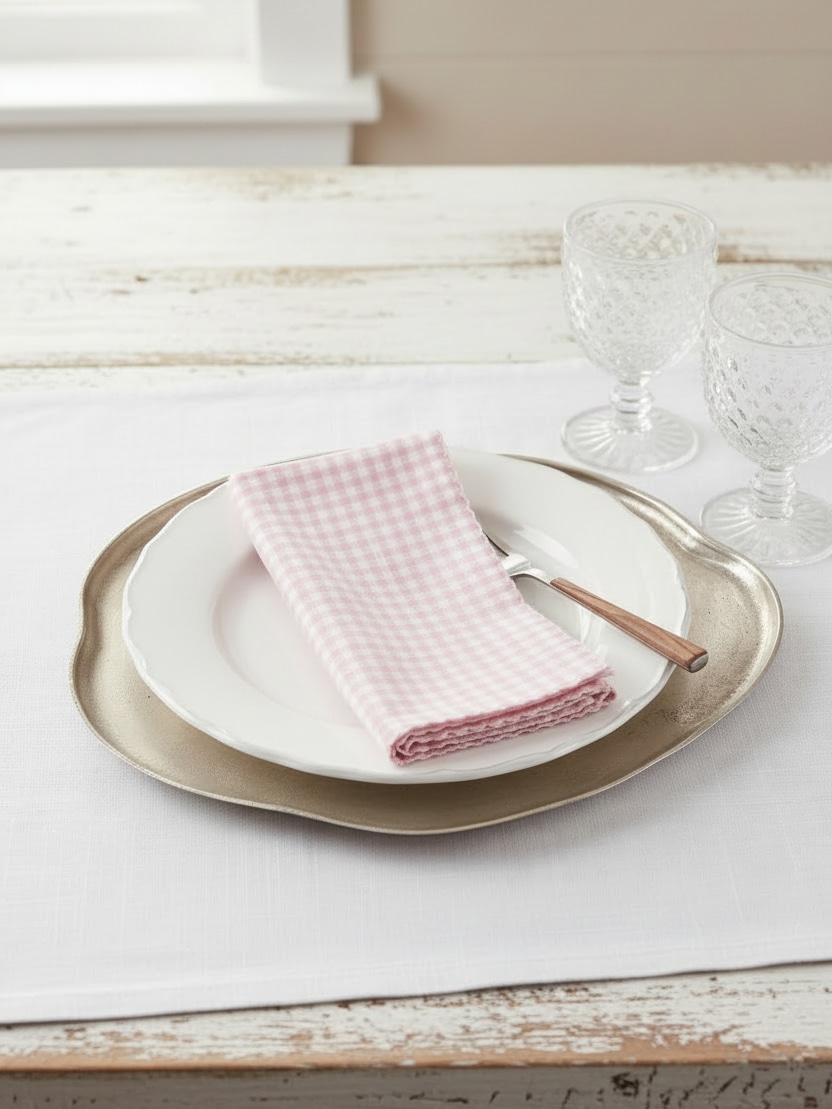 Pink gingham square table runner styled on a white plate with a brass-toned charger and glassware on a white tablecloth.
