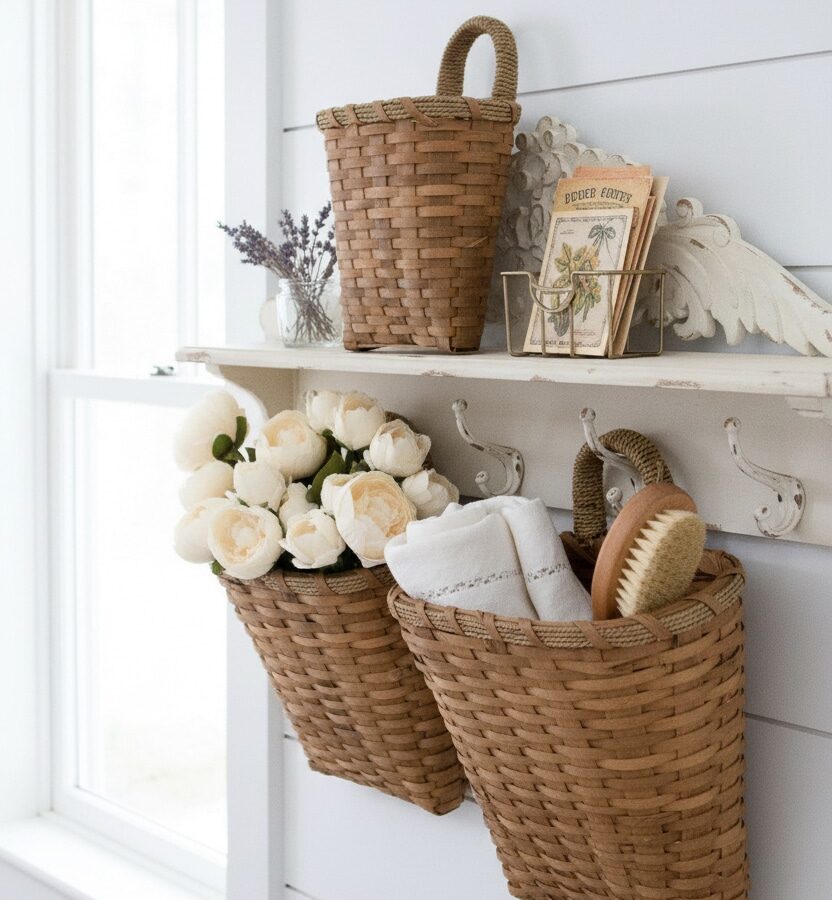 Hanging chipwood wall basket with woven handle near a bright window, styled with rolled towels, a brush, and faux white flowers.