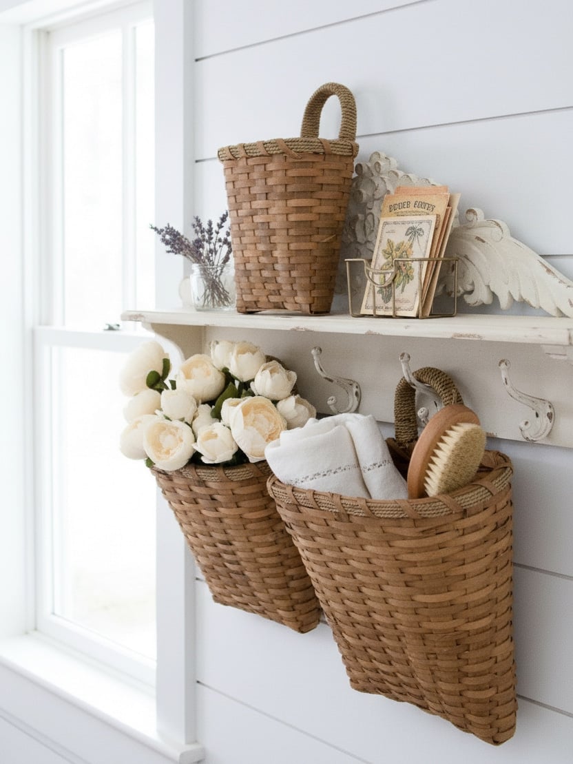 Hanging chipwood wall basket with woven handle near a bright window, styled with rolled towels, a brush, and faux white flowers.