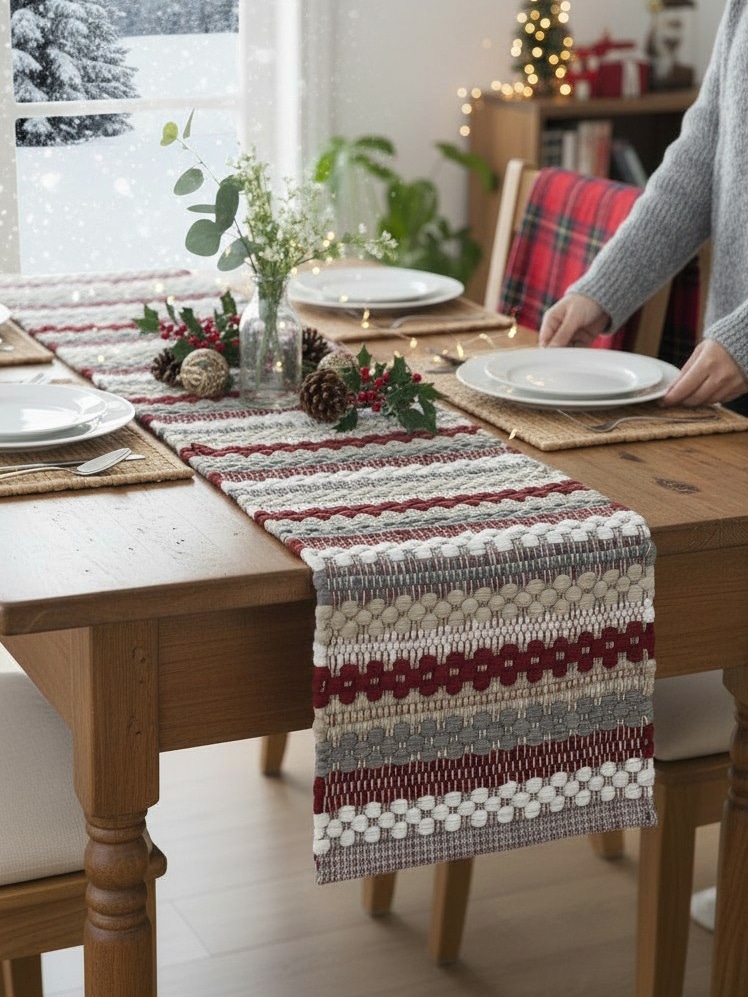Farmhouse Holiday Chindi Table Runner in red, gray, and white styled on a wooden dining table for Christmas.
