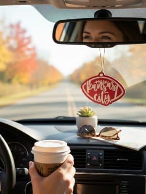 Red football-shaped Kansas City ornament hanging from a car rearview mirror with fall scenery in the background.