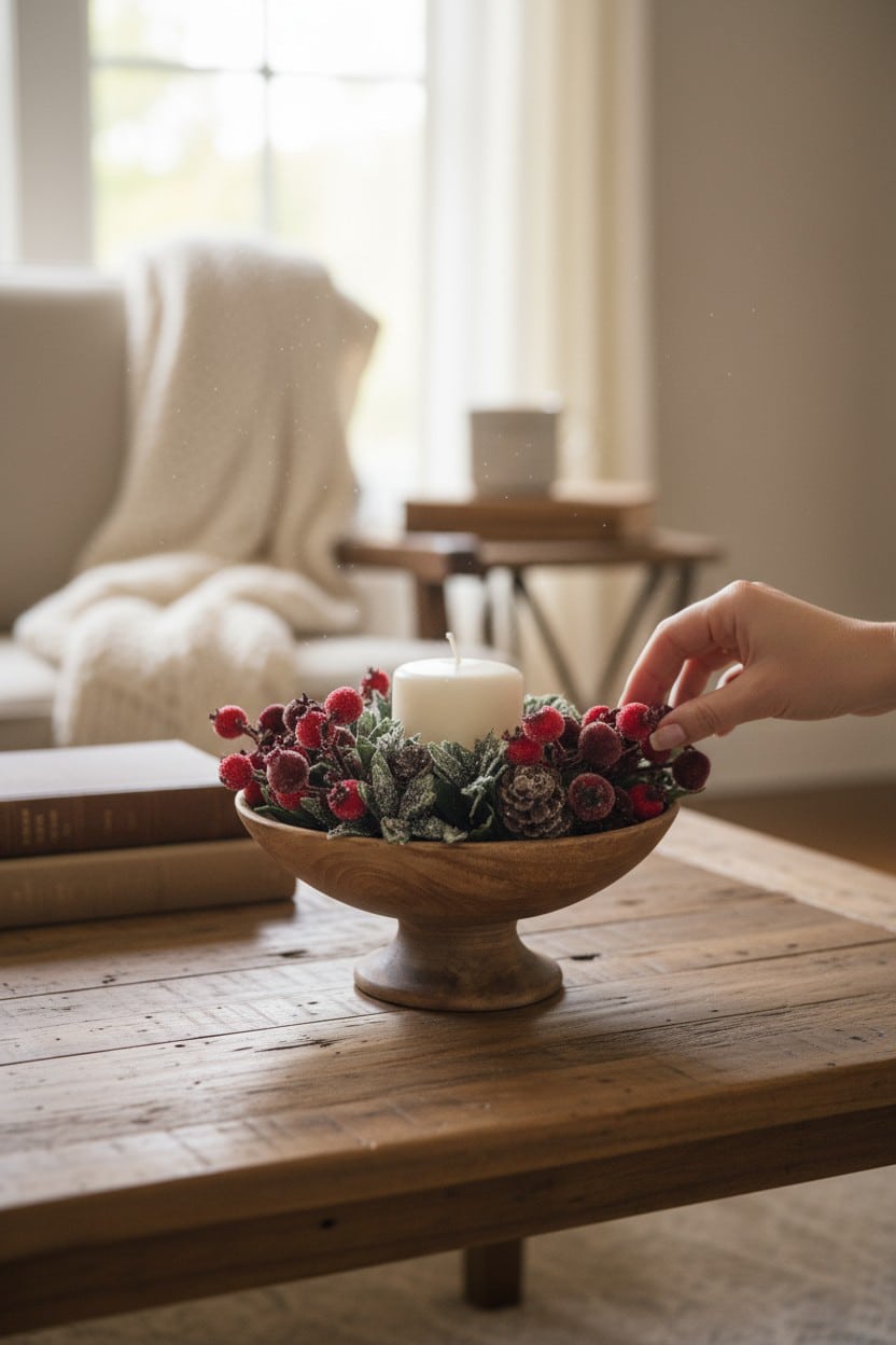 Wood pedestal bowl styled with a frosted berry candle ring and white pillar candle on a rustic coffee table.
