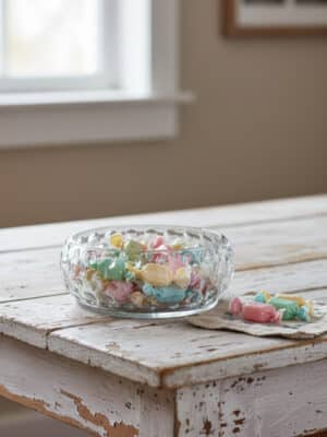 Hand-Blown Clear Glass Hobnail Bowl Filled With Pastel Wrapped Candies