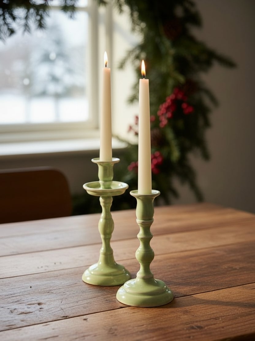 Mint green empire-style taper candle holders in medium and small sizes displayed on a wooden table with lit ivory candles in a cozy holiday setting.