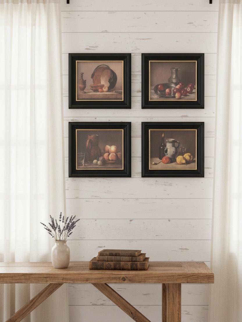 Set of four framed vintage prints featuring pears with wine bottle, apples with pitcher, peaches with stoneware, and bucket with onions styled above neutral sofa.