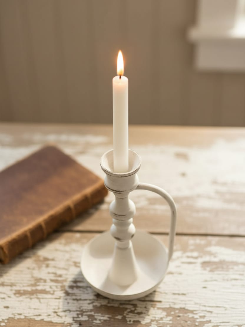 Vintage Chamberstick Taper Candle Holder shown with a lit taper candle on a rustic surface