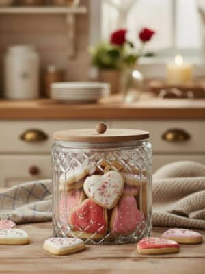 Cut Glass Canister with Acacia Wood Lid Holding Cookies Styled on a Neutral Kitchen Counter