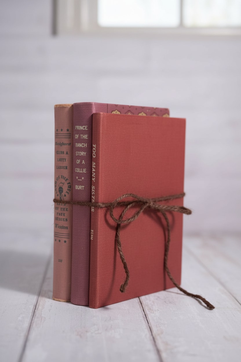 be-made-hays-ks-side-spines-decorative-vintage-book-set-valentines Decorative Vintage Book Set – Valentine’s with vintage hardback book spines in pink and red shades, tied with string