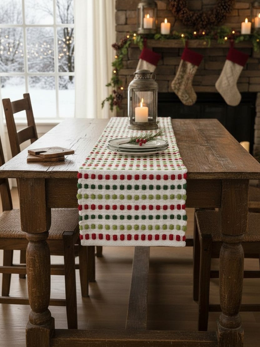 A festive Ryland Holiday Table Runner with red and green woven dots displayed on a rustic wood dining table with a candle lantern centerpiece.