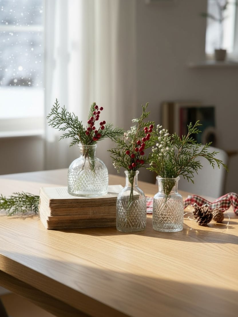 Pressed glass bud vases filled with winter greenery and berries, styled on a wooden table near a window.