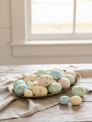 Oval Brass Platter filled with pastel speckled Easter eggs on a neutral linen cloth near a window.