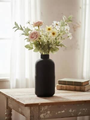 A tall textured oblong black metal vase filled with soft florals sitting on a rustic wooden table near a window.