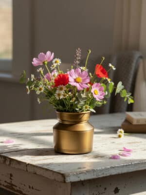 Brass Lota Vase Oblong styled with colorful florals on a wooden table