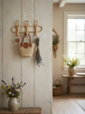 Rattan Wall Hanging Hooks on a distressed wood wall holding a small woven bag, keys, and a bundle of dried lavender.