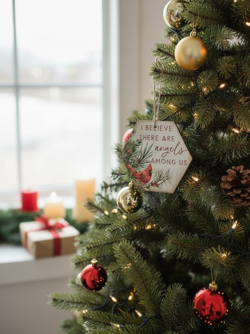 be-made-hays-ks-on-tree-cardinal-ornament Cardinal “Angels Among Us” wooden ornament hanging on a decorated Christmas tree with lights and baubles.