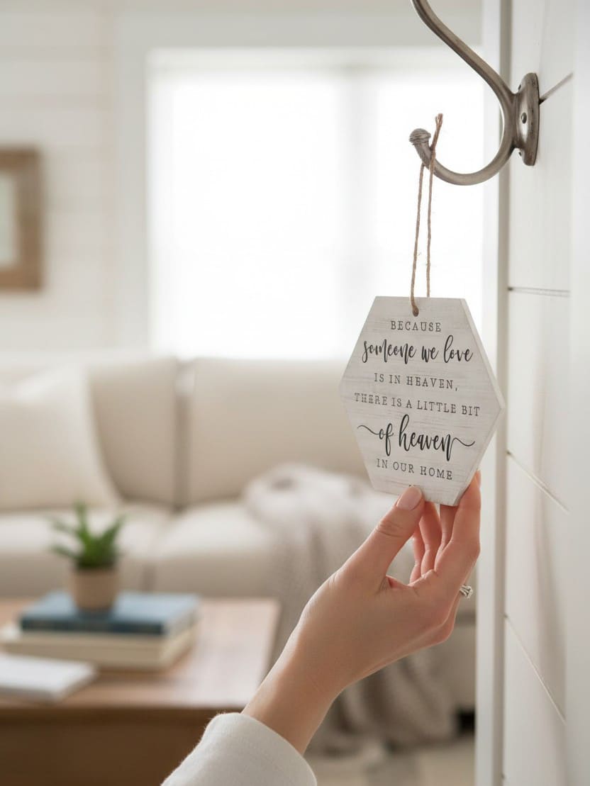 Hand placing the “Someone We Love is in Heaven” hexagon ornament on a wall hook inside a cozy living room.