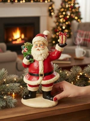 Santa with Gifts Figurine displayed on a holiday mantel with greenery and Christmas lights.