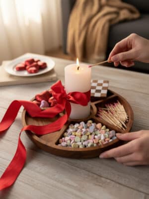 Divided Round Wood Tray Small Styled with a Candle, Matches, and Candy