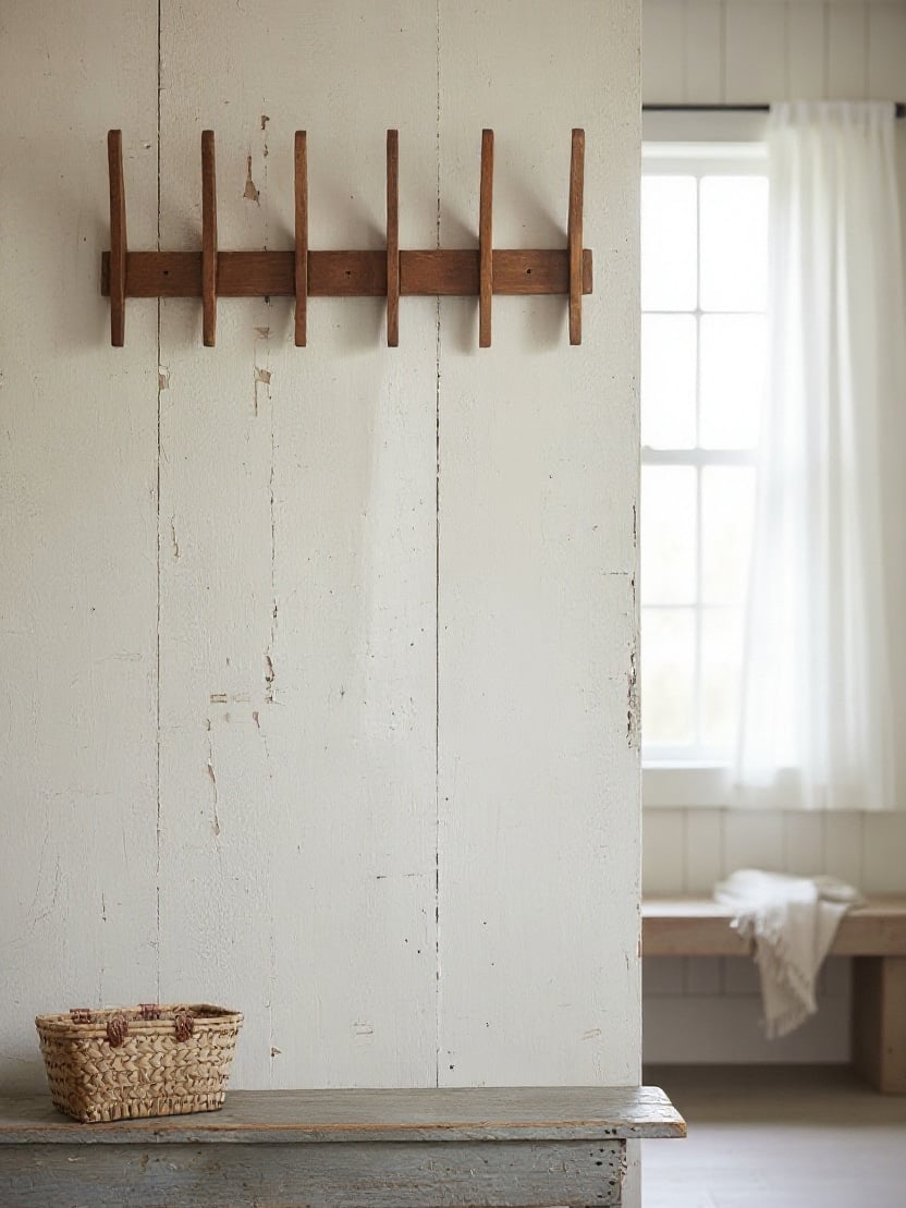 be-made-hays-ks-wood-hanging-wall-rack-large-empty-on-wall Large wood wall rack with five rounded pegs mounted on a white paneled wall, styled minimal and ready for coats, bags, or towels.
