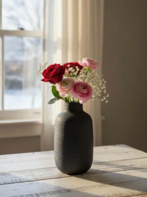 The textured vase oblong small is styled on a tabletop with pink and red florals near a window.