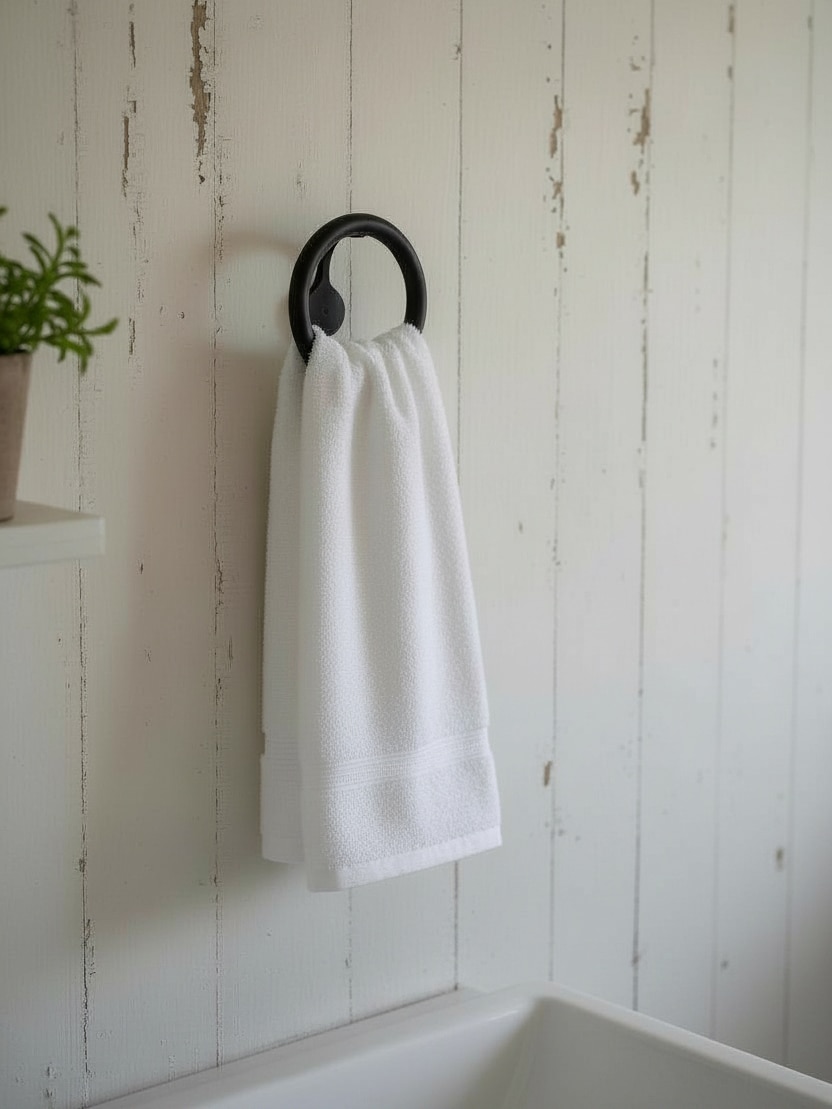 Matte black round metal wall hook holding a white hand towel on a wood wall