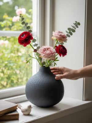 A large textured round black metal vase styled with red and blush flowers on a windowsill while being adjusted by hand.
