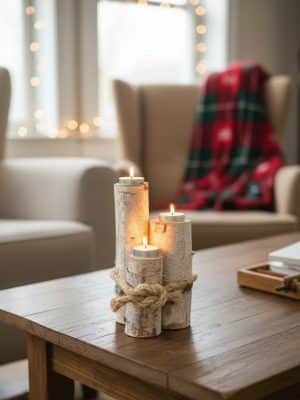 Birch Trio Candle Holder displayed on a wooden coffee table.