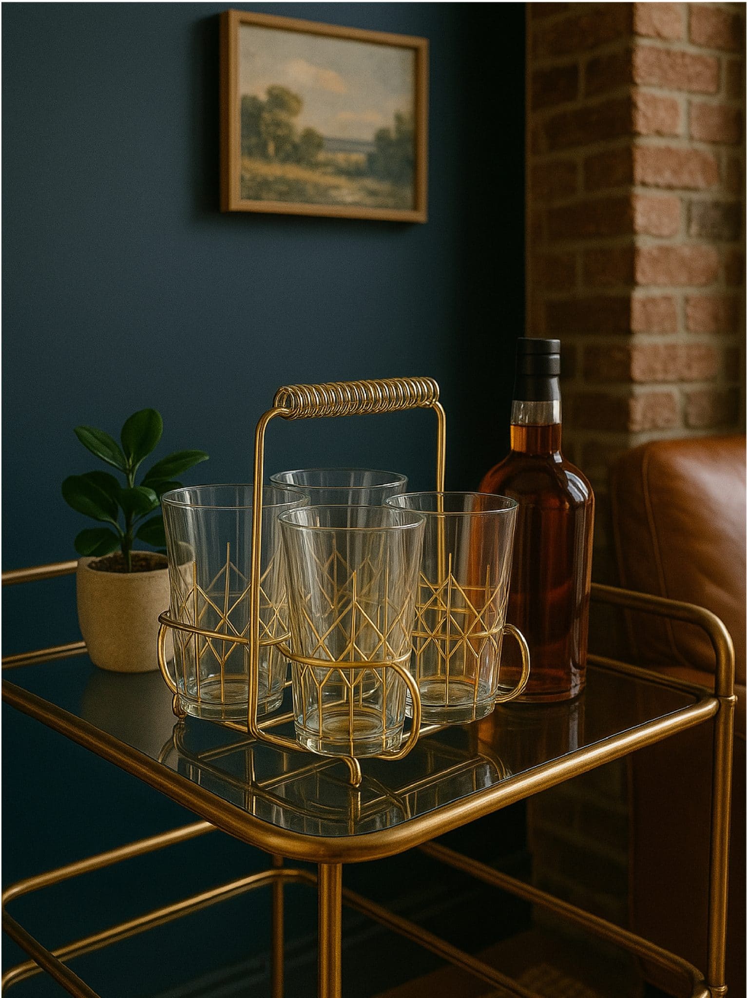 Drinking glass set in a vintage gold caddy, styled on a bar cart.